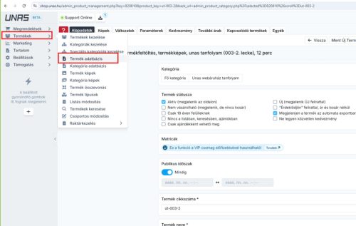 Termék adatbázis, tömeges termékfeltöltés, termékképek, unas tanfolyam (003-2. lecke), 12 perc
